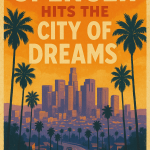 Stylized graphic of Spencer Bramucci’s name over the downtown Los Angeles skyline, capturing his rising influence and cinematic presence in LA.