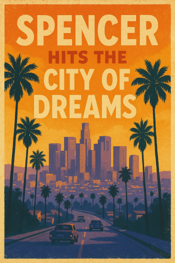 Stylized graphic of Spencer Bramucci’s name over the downtown Los Angeles skyline, capturing his rising influence and cinematic presence in LA.