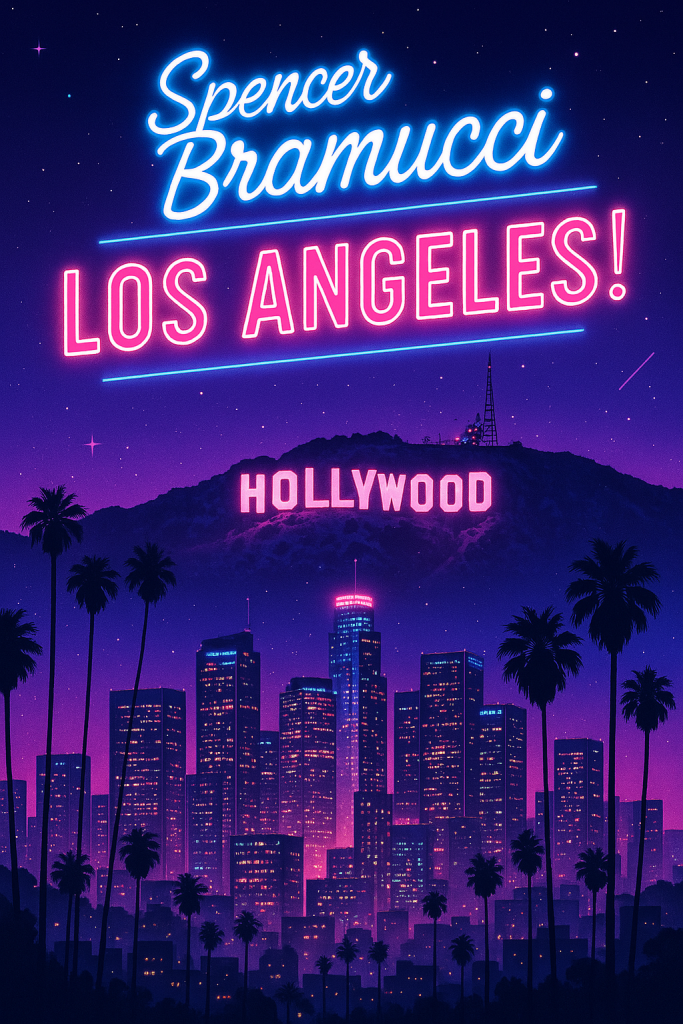 Stylized graphic of Spencer Bramucci’s name over the downtown Los Angeles skyline, capturing his rising influence and cinematic presence in LA.