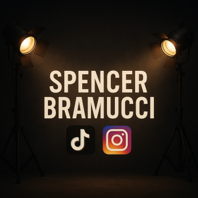 Cinematic movie studio stage with dramatic spotlights illuminating Spencer Bramucci’s name, evoking Hollywood branding and digital creator prestige